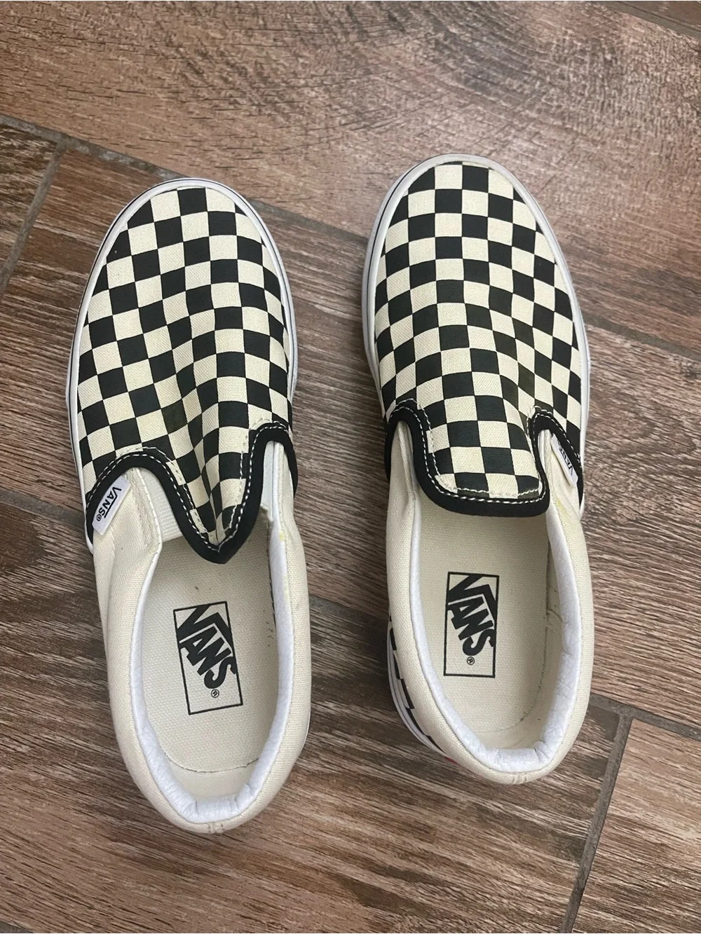 Vans youth White Canvas Slip-On Sneakers with Black Logo Sz 3